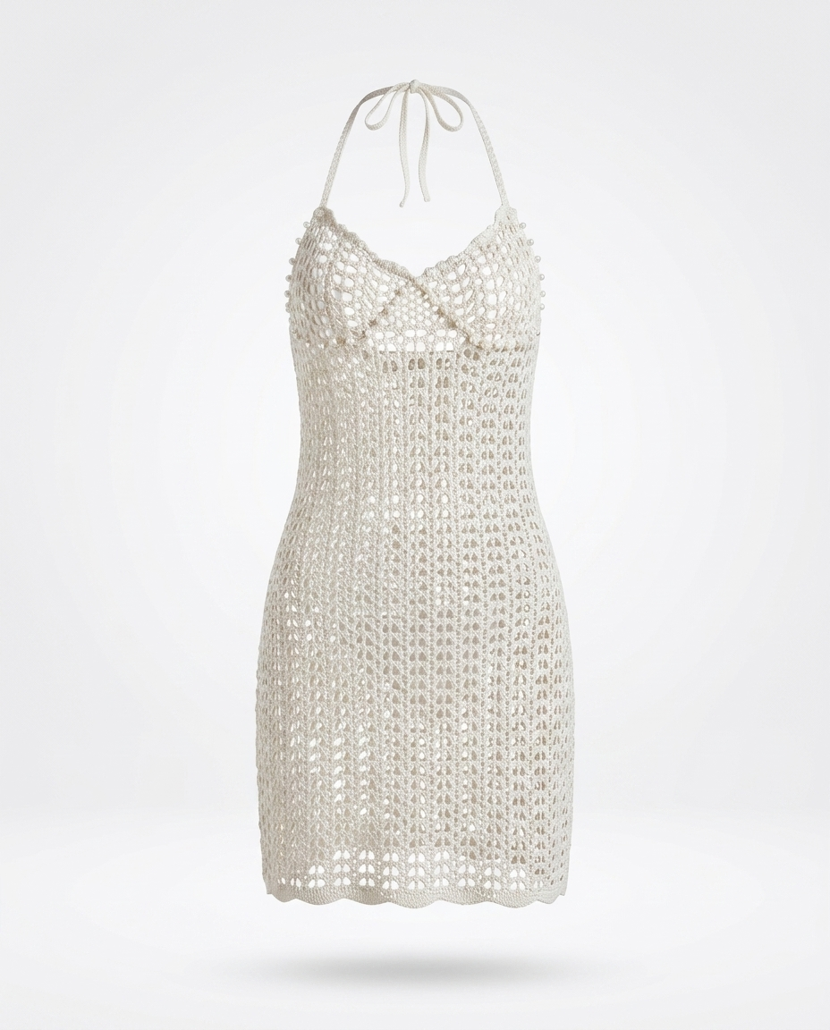 Simin Crochet Halter Neck Cover-Up Dress — 3D ghost mannequin product shot