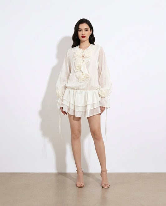 Síle Flower Ruffled Long Sleeve Dress — studio model shot