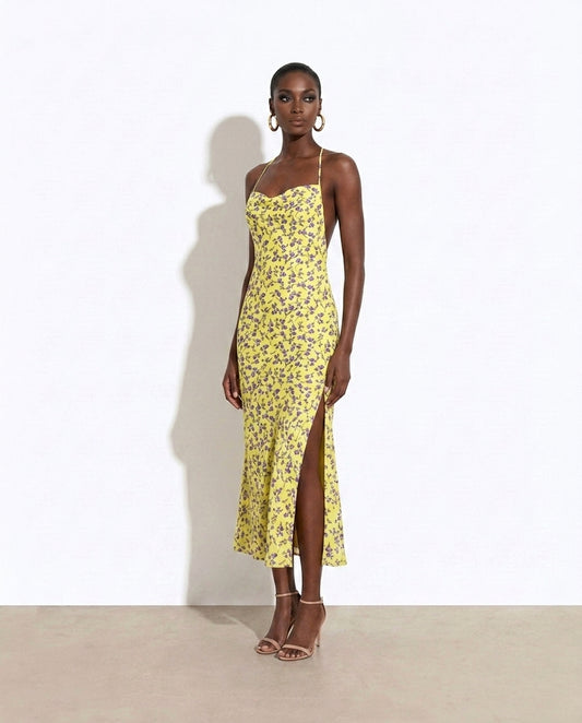 Sigal Floral Print Halter Neck Backless Slit Midi Dress — studio model shot
