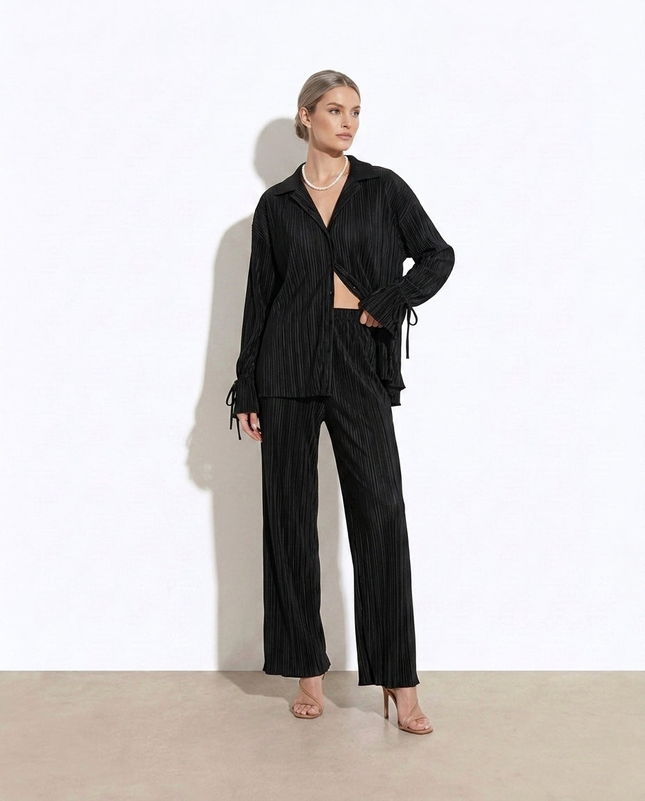 Sidonia Button Up Long Sleeve Top and Pants Set — studio model shot