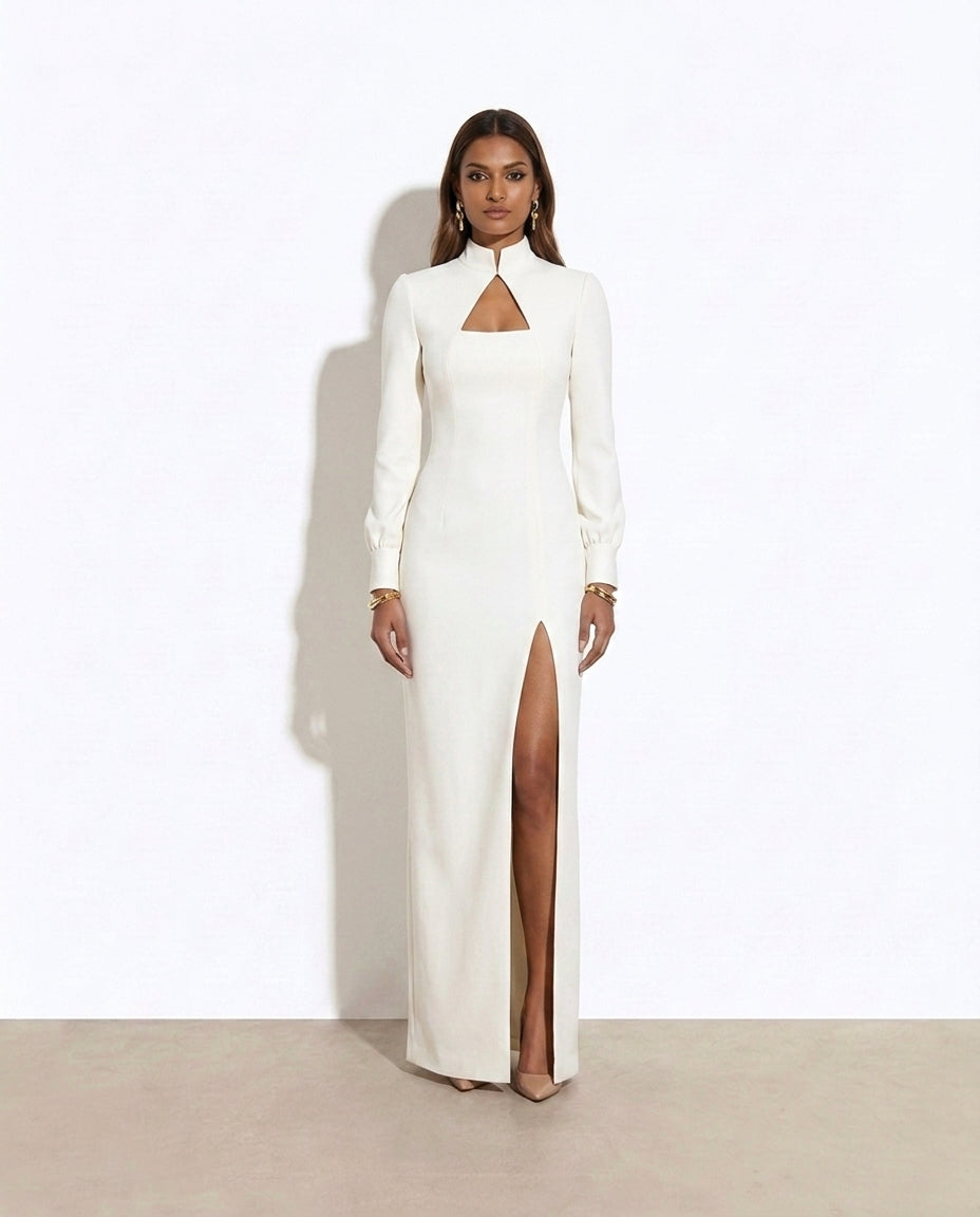 Shoshana Slit High Neck Long Sleeve Dress — studio model shot