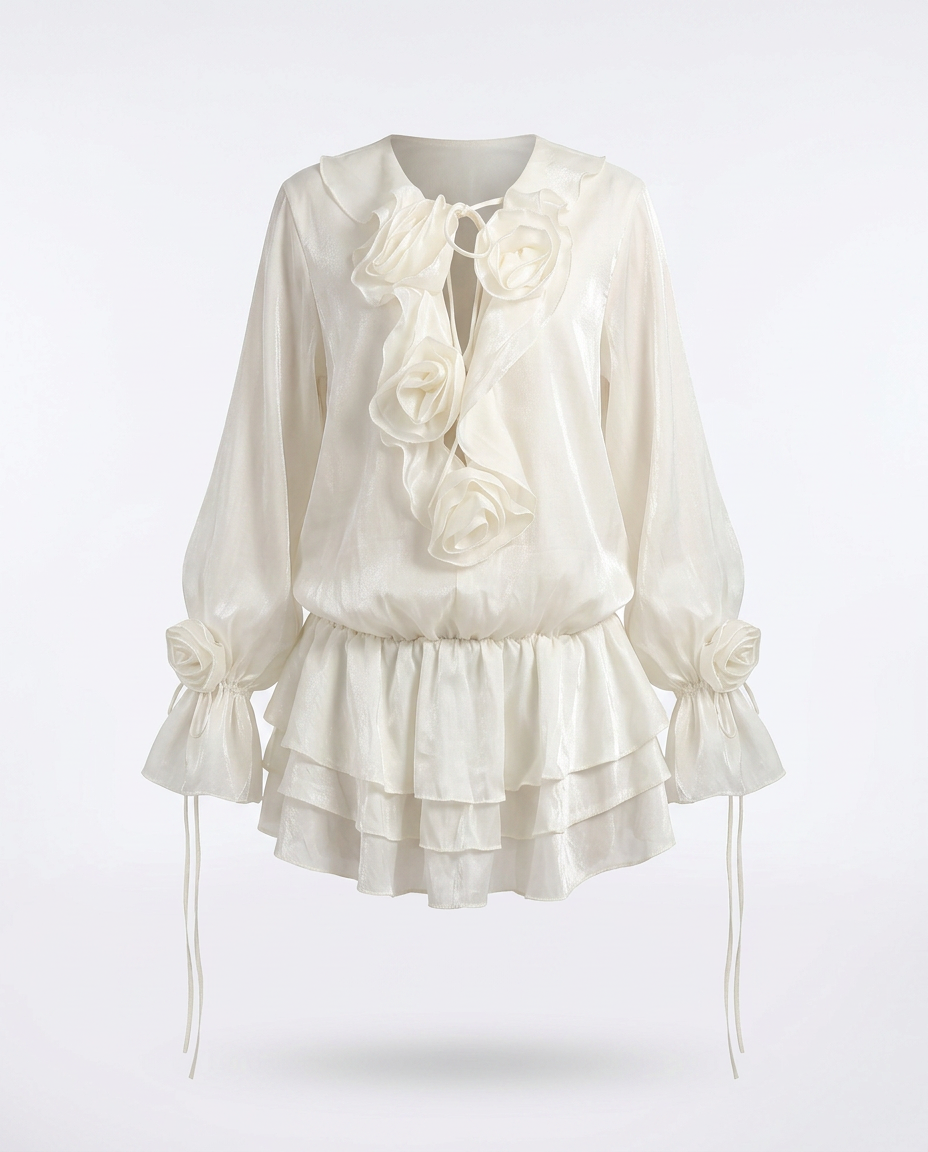 Síle Flower Ruffled Long Sleeve Dress — 3D ghost mannequin product shot