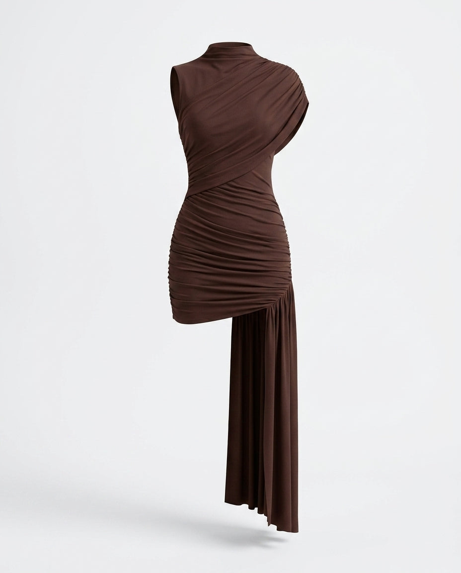 Signy Ruched Asymmetrical Mock Neck Dress — 3D ghost mannequin product shot