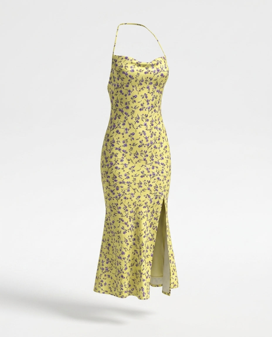 Sigal Floral Print Halter Neck Backless Slit Midi Dress — 3D ghost mannequin product shot