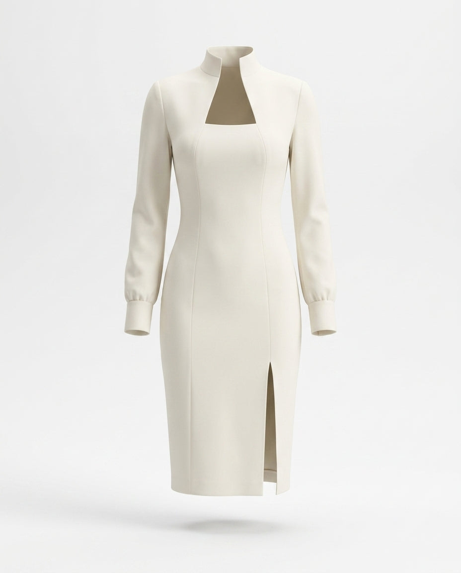 Shoshana Slit High Neck Long Sleeve Dress — 3D ghost mannequin product shot