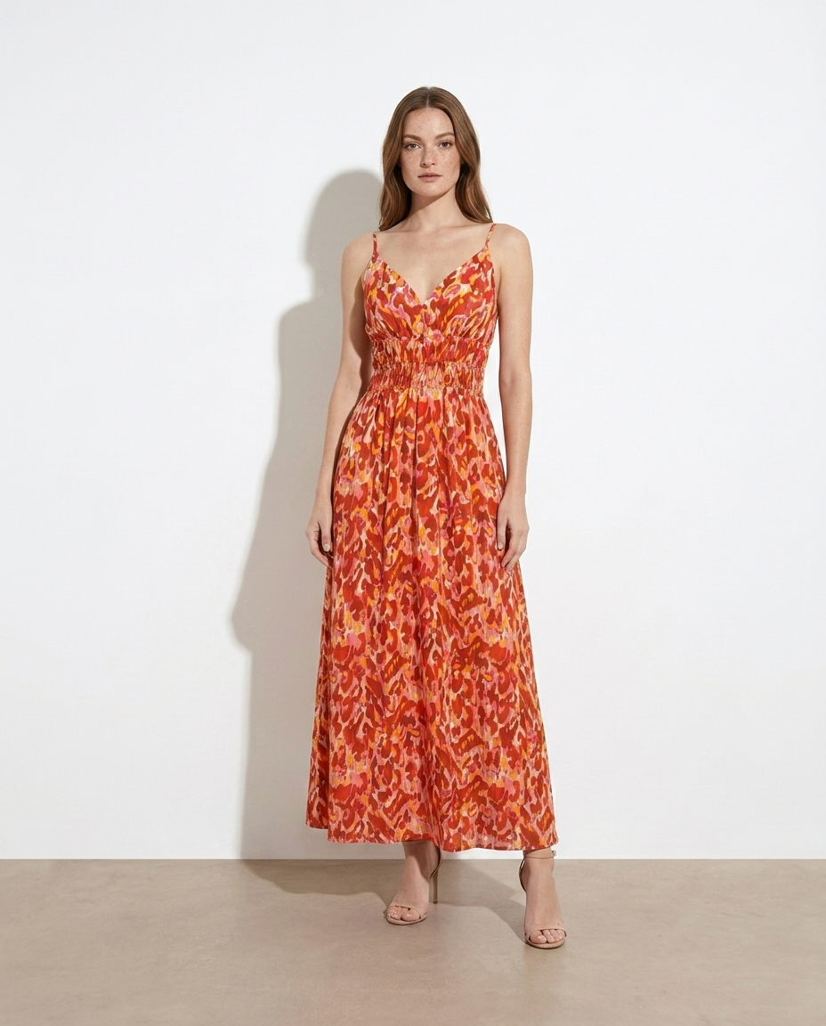 Jacqueline Printed V-Neck Smocked Maxi Dress — studio model shot