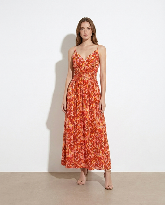 Jacqueline Printed V-Neck Smocked Maxi Dress — studio model shot