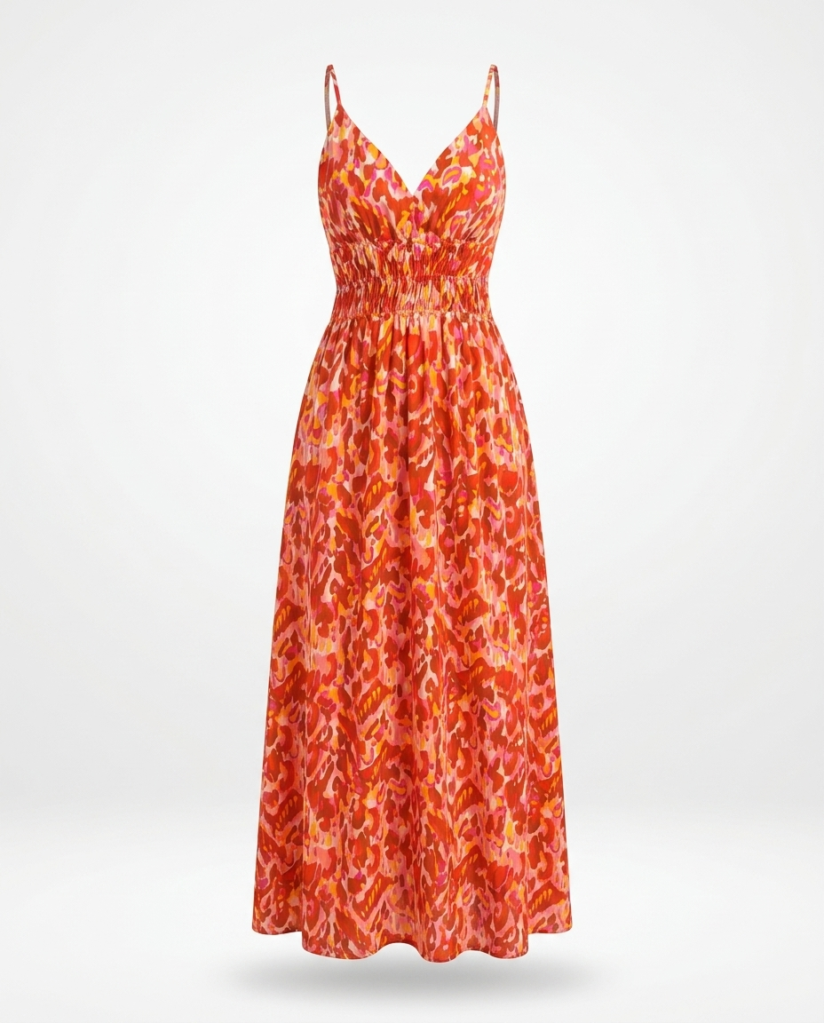 Jacqueline Printed V-Neck Smocked Maxi Dress — 3D ghost mannequin product shot