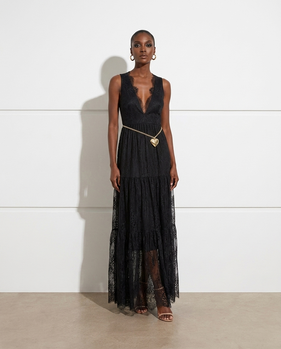 Isolde Lace Deep V-Neck Maxi Dress — studio model shot