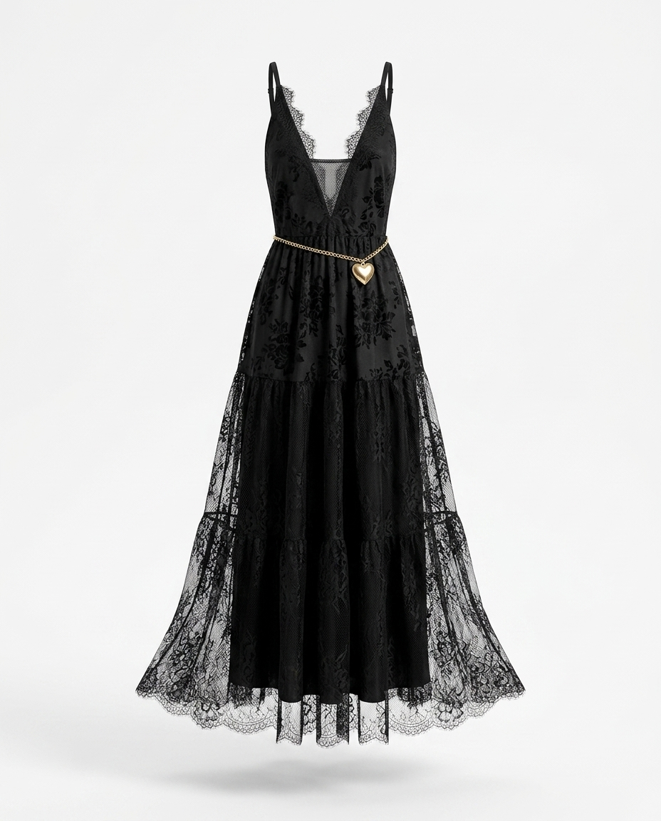 Isolde Lace Deep V-Neck Maxi Dress — 3D ghost mannequin product shot