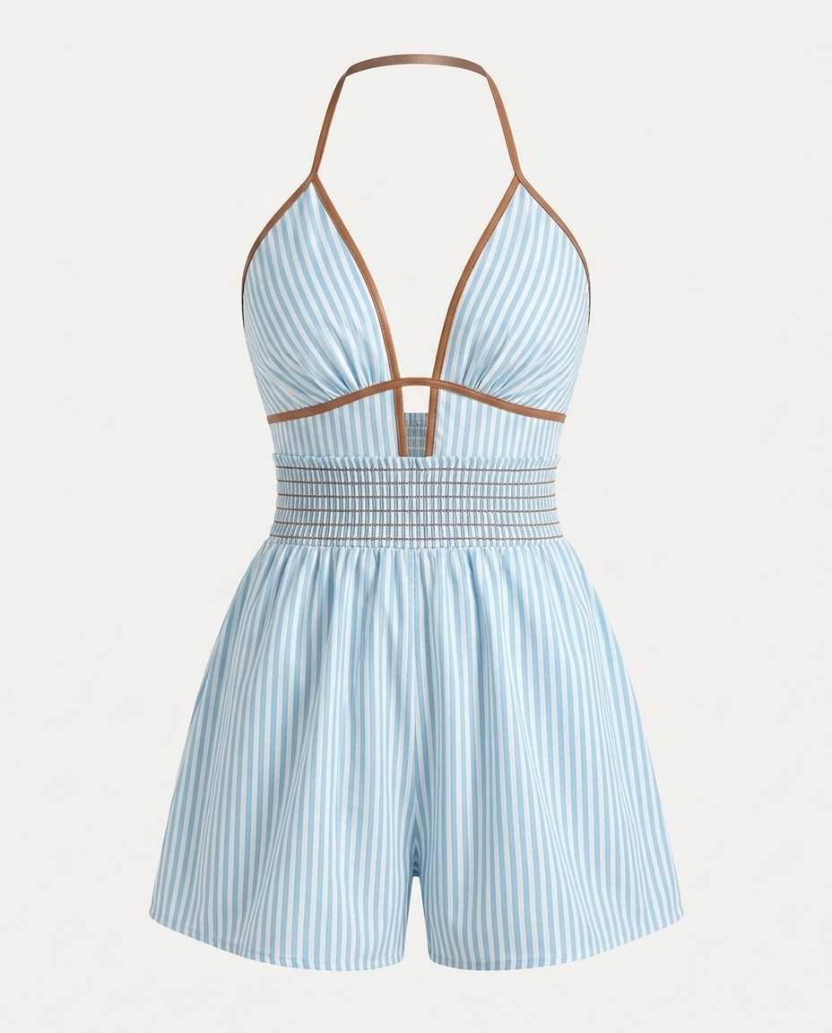 Isolda Striped Halter Smocked Romper — 3D ghost mannequin product shot