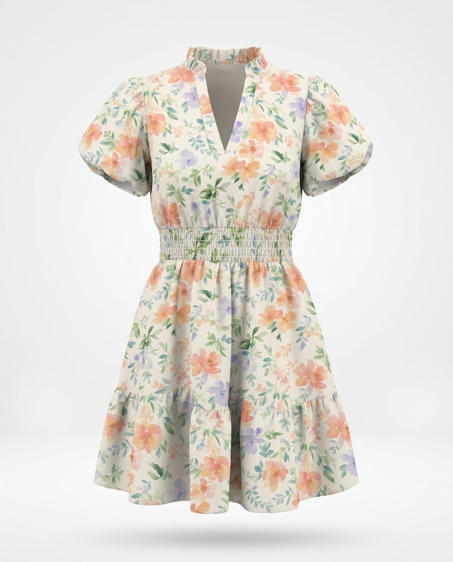 Iskra Frill Notched Puff Sleeve Dress — 3D ghost mannequin product shot