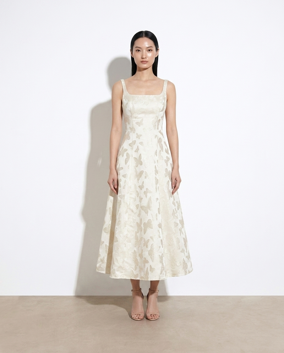 Iseult Butterfly Pattern A-Line Sleeveless Midi Dress — studio model shot
