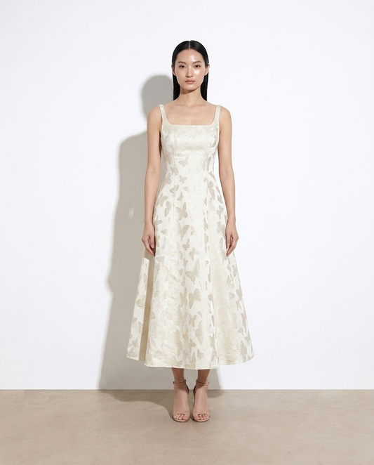 Iseult Butterfly Pattern A-Line Sleeveless Midi Dress — studio model shot