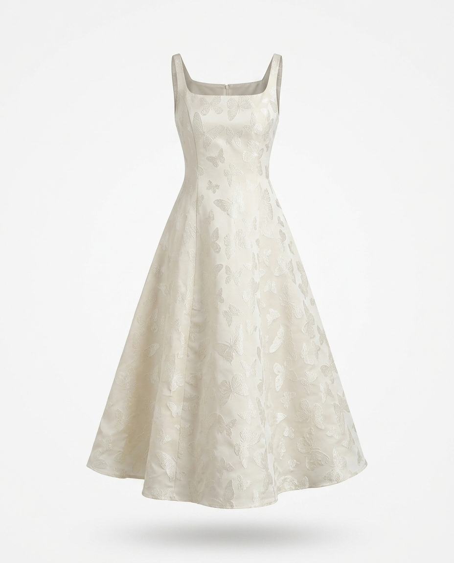 Iseult Butterfly Pattern A-Line Sleeveless Midi Dress — 3D ghost mannequin product shot
