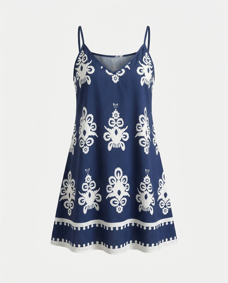 Isabelle Printed V-Neck Sleeveless Mini Dress — 3D ghost mannequin product shot