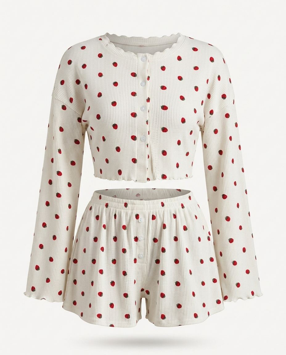 Irisa Strawberry Print Button-Down Top and Shorts Lounge Set — 3D ghost mannequin product shot