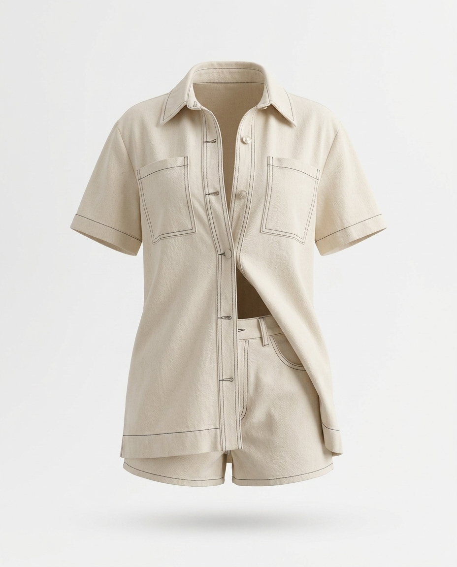 Iolanthe Button Up Top and Shorts Denim Set — 3D ghost mannequin product shot