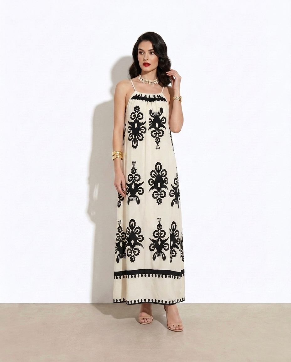 Inkeri Printed Spaghetti Strap Sleeveless Maxi Dress — studio model shot