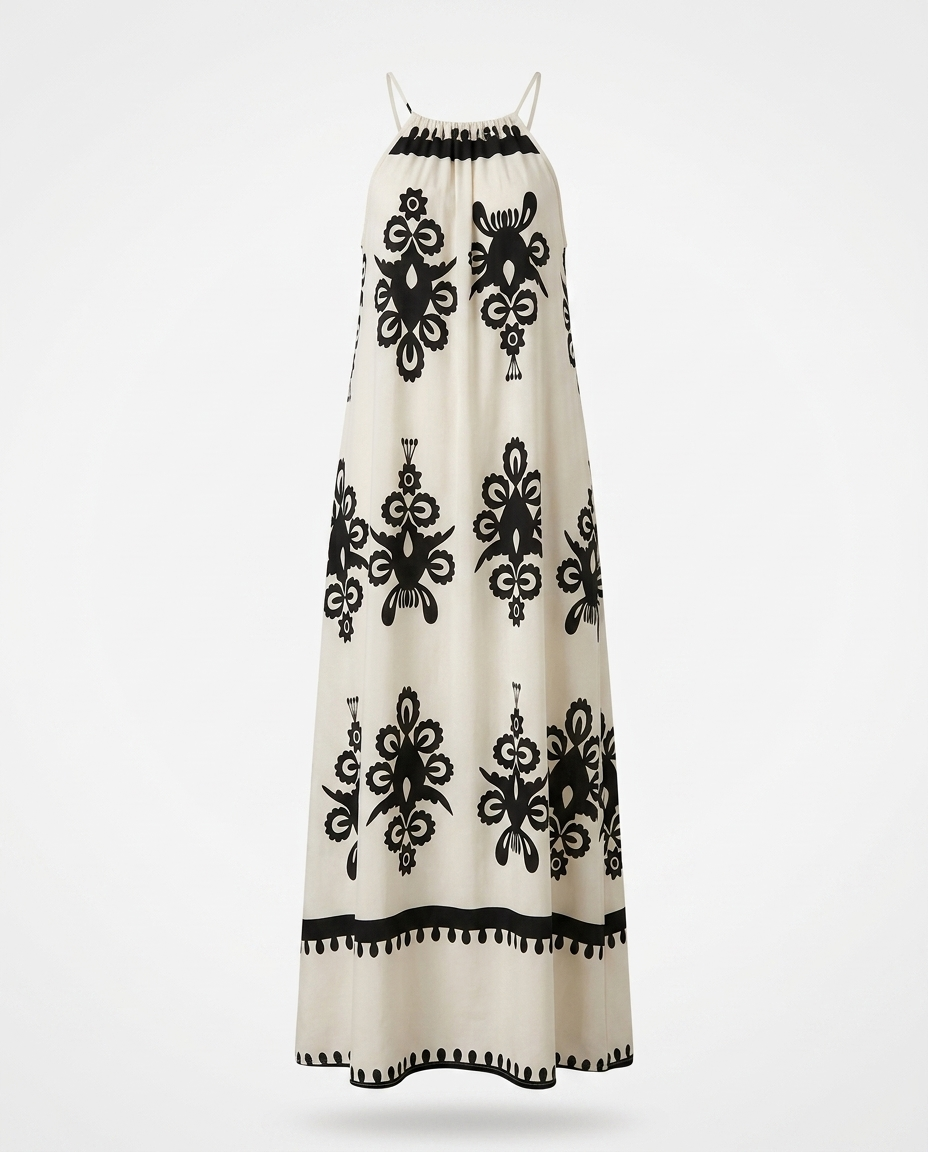 Inkeri Printed Spaghetti Strap Sleeveless Maxi Dress — 3D ghost mannequin product shot