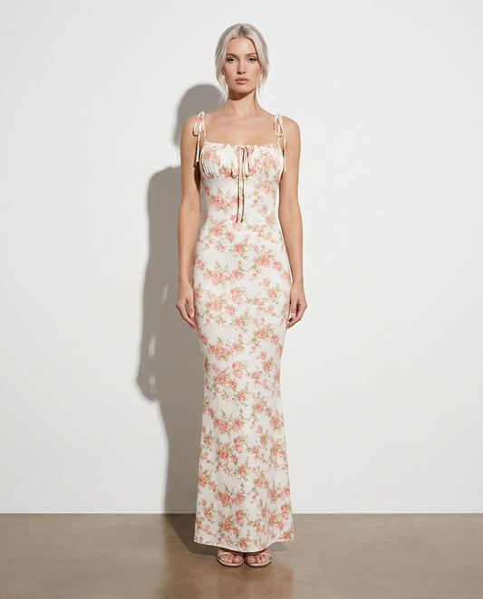 Ingaret Floral Print Tie Strap Bodycon Maxi Dress — studio model shot