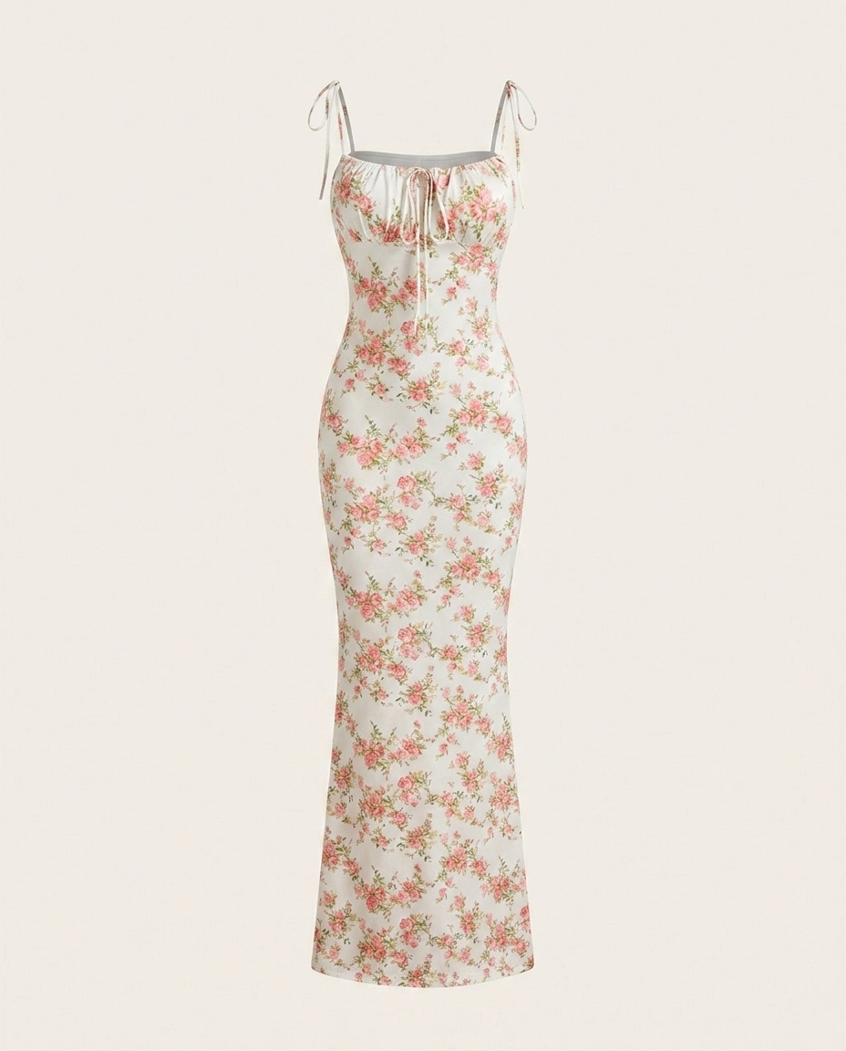 Ingaret Floral Print Tie Strap Bodycon Maxi Dress — 3D ghost mannequin product shot