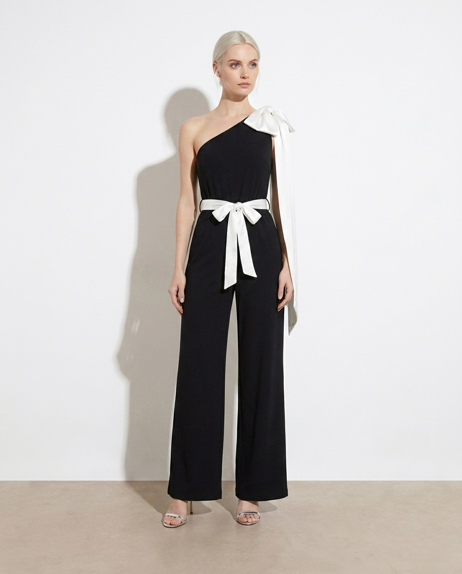 Guinevere One-Shoulder Bow Wide Leg Jumpsuit — studio model shot