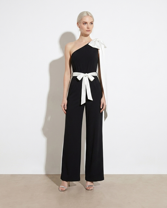Guinevere One-Shoulder Bow Wide Leg Jumpsuit — studio model shot