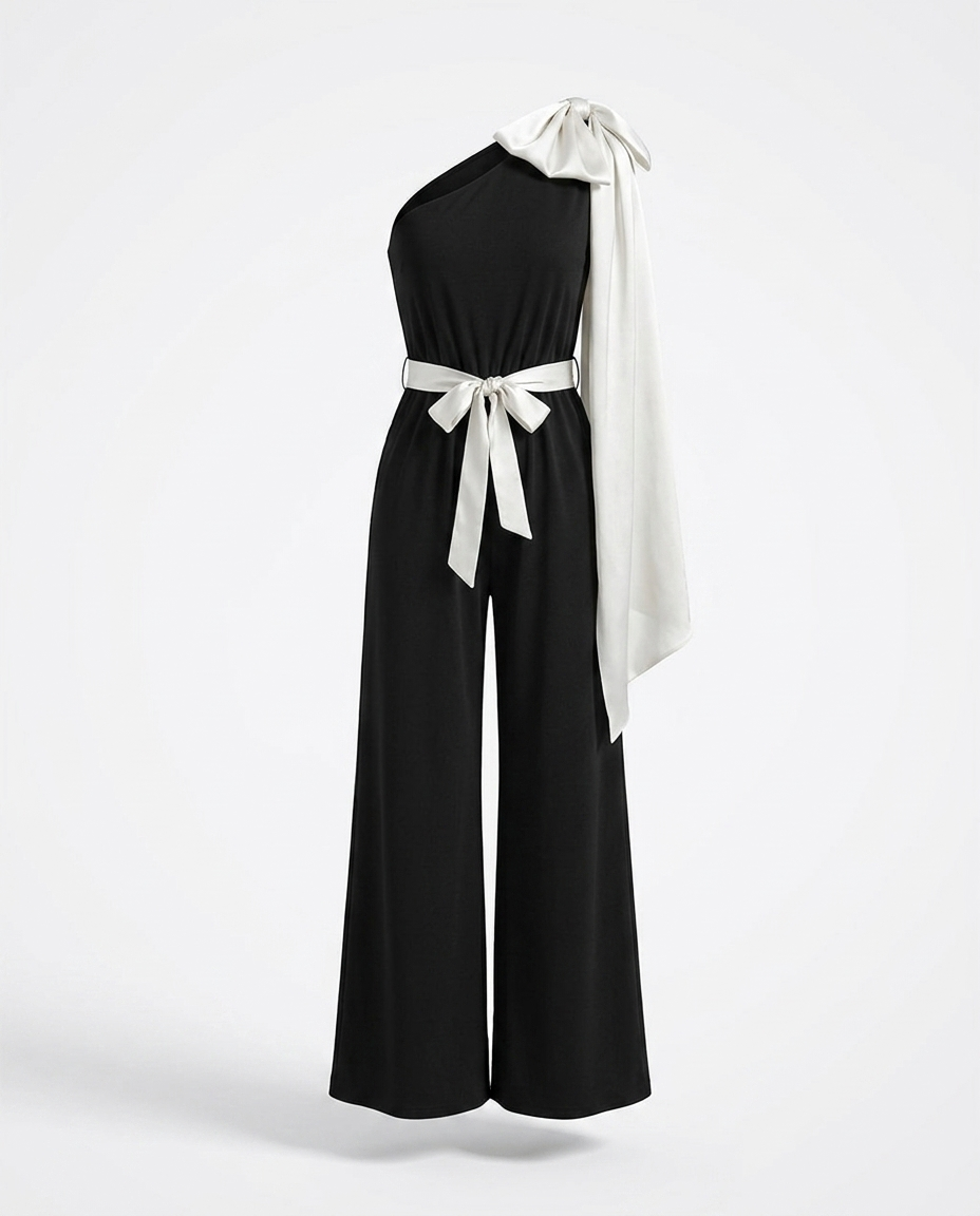 Guinevere One-Shoulder Bow Wide Leg Jumpsuit — 3D ghost mannequin product shot
