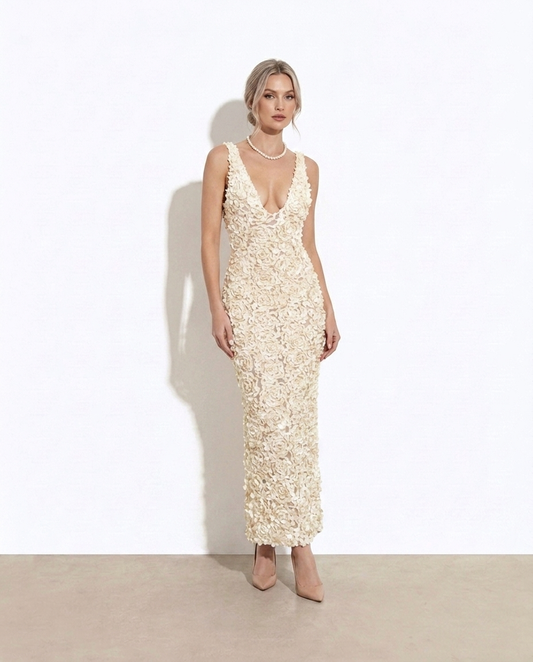 Greta Floral Applique Deep V-Neck Maxi Dress — studio model shot