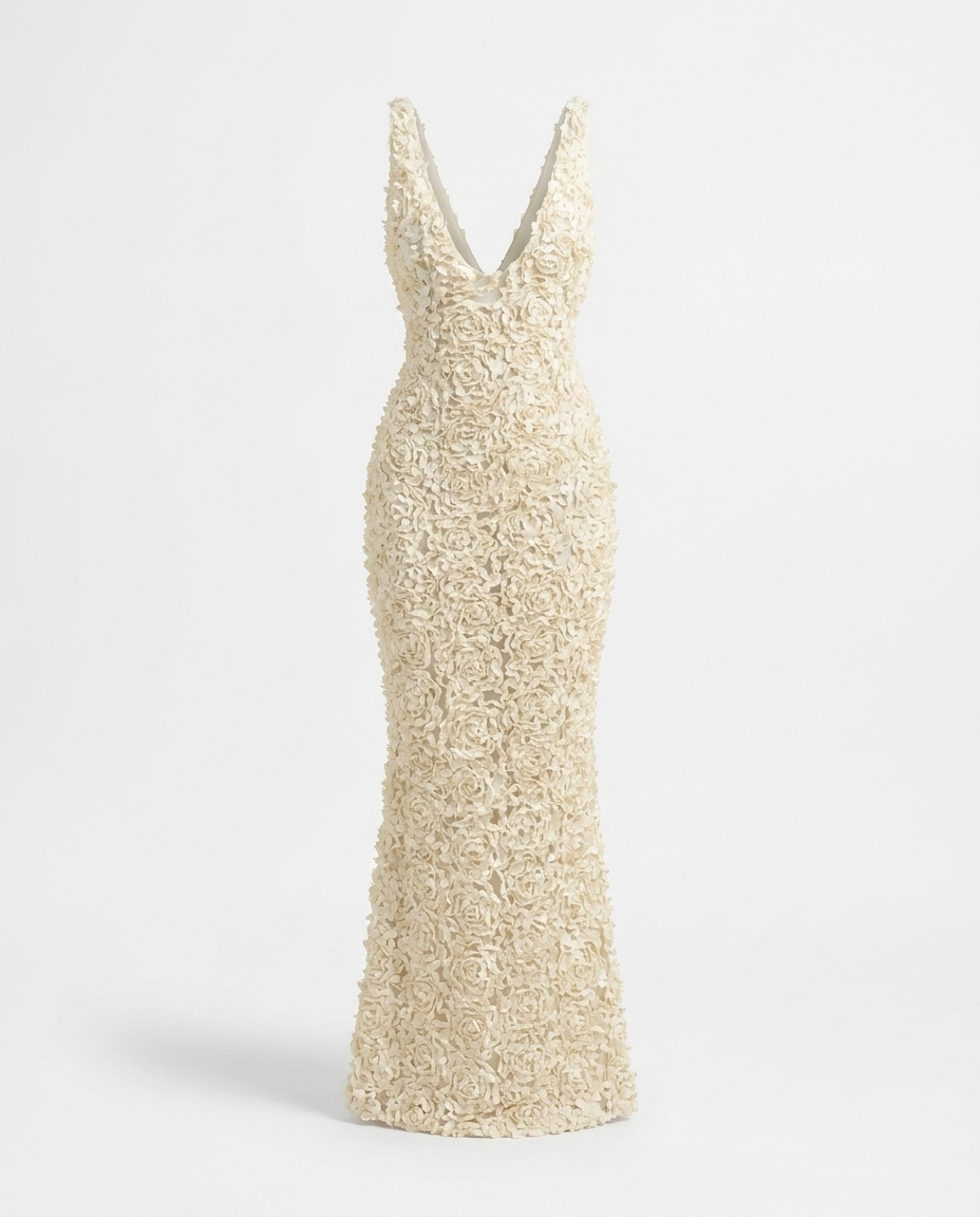 Greta Floral Applique Deep V-Neck Maxi Dress — 3D ghost mannequin product shot