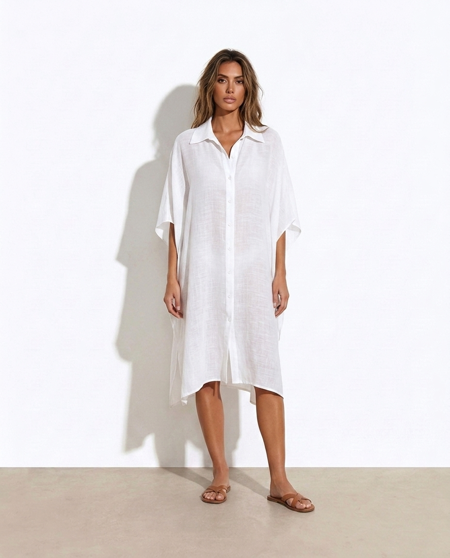Goli Relaxed Fit Button Up Cover-Up Dress — studio model shot
