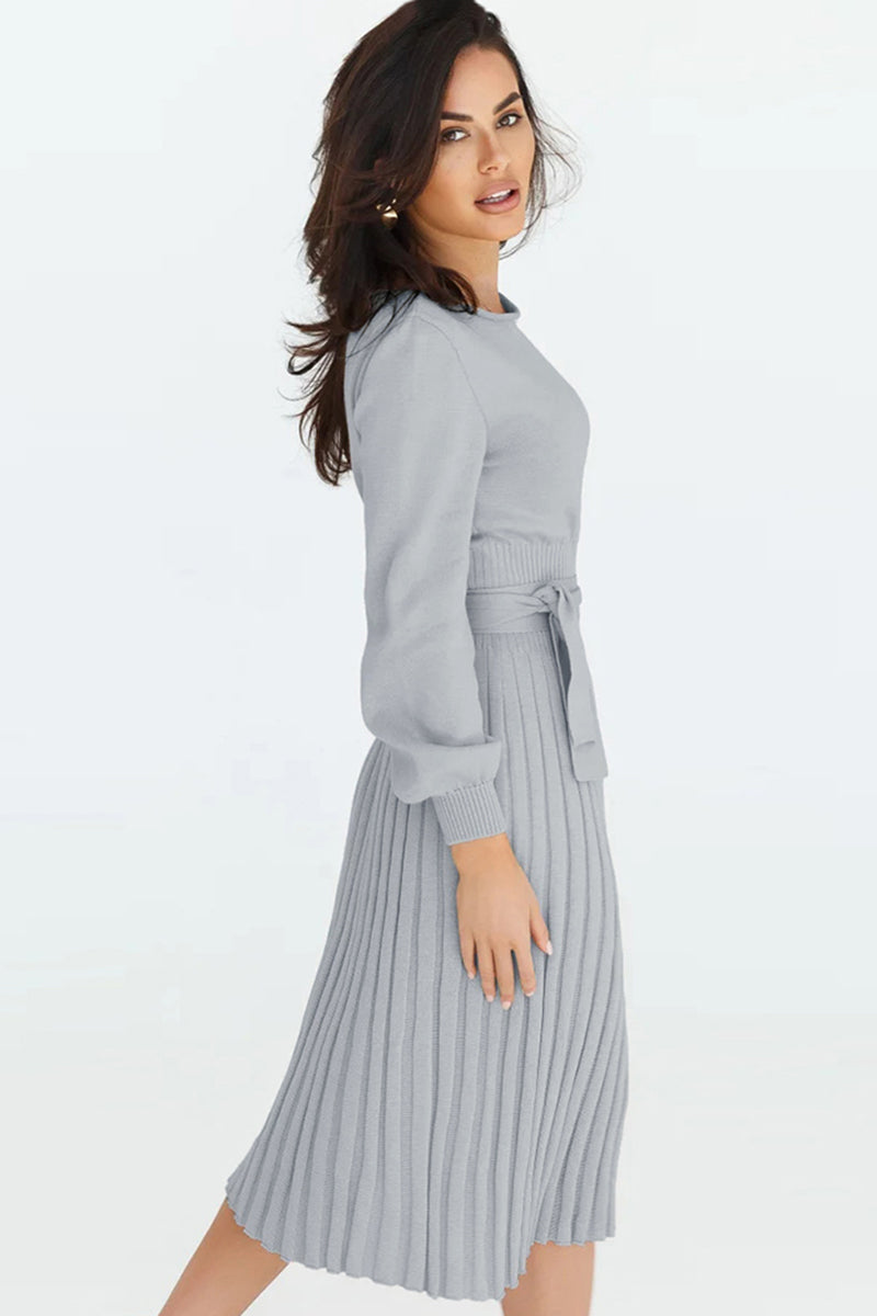 Lene Pleated Round Neck Sweater Dress