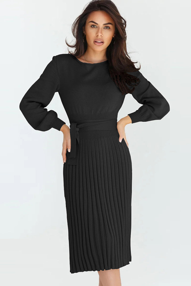 Lene Pleated Round Neck Sweater Dress
