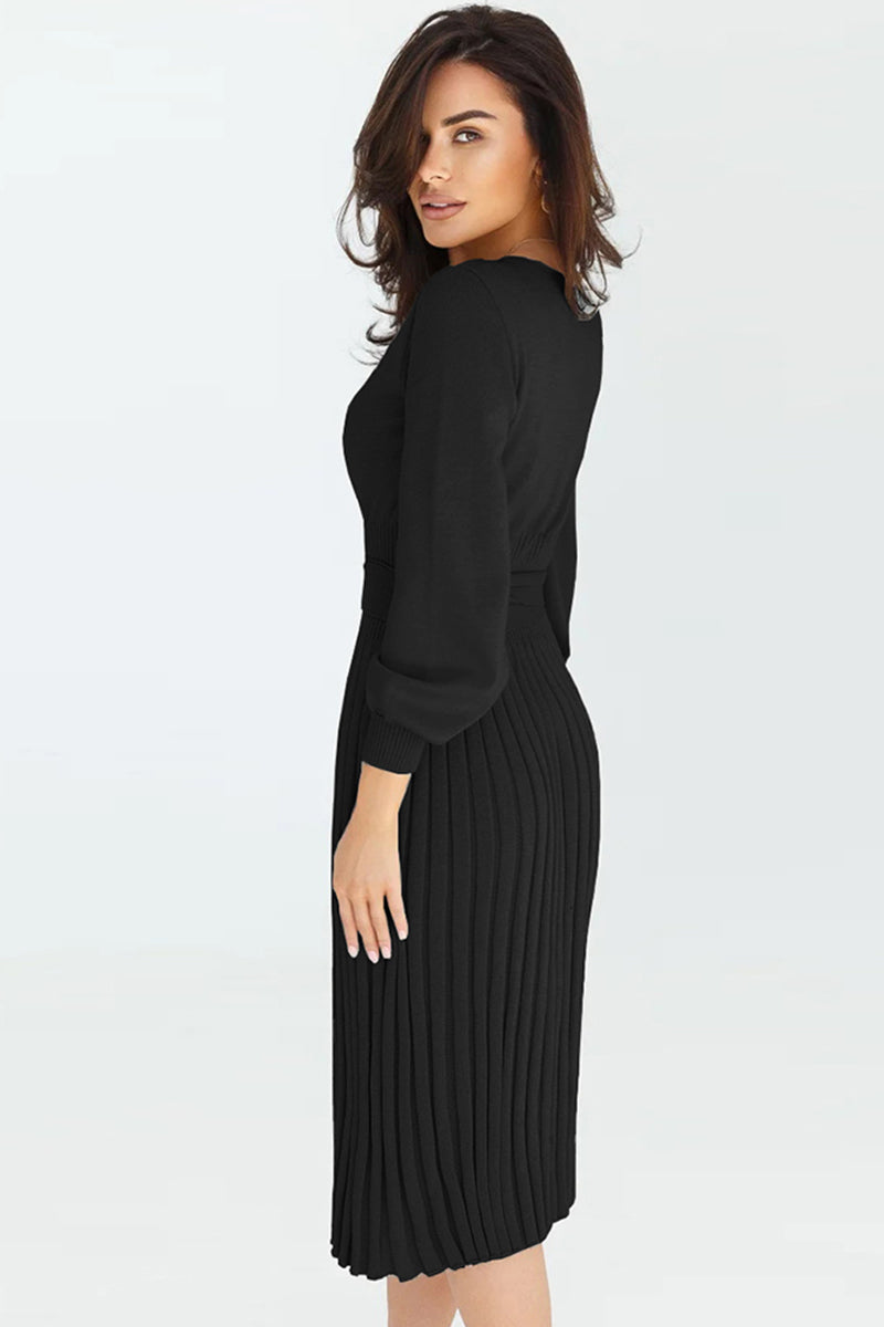 Lene Pleated Round Neck Sweater Dress