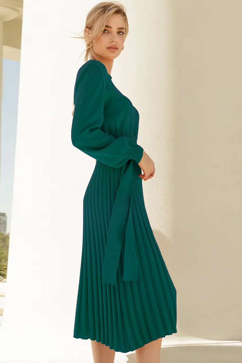 Lene Pleated Round Neck Sweater Dress
