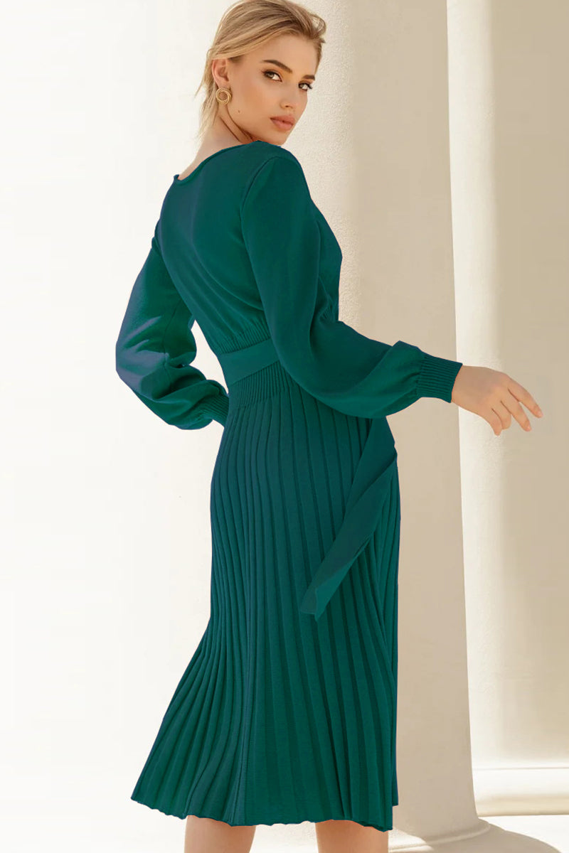Lene Pleated Round Neck Sweater Dress