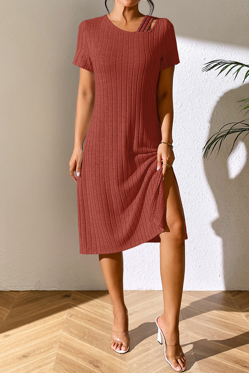 Idun Ribbed Asymmetrical Neck Short Sleeve Dress