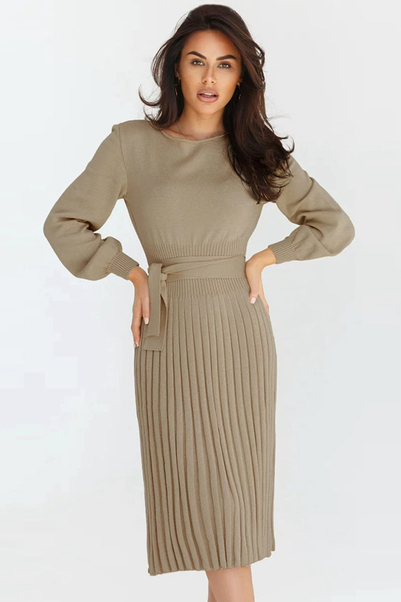Lene Pleated Round Neck Sweater Dress