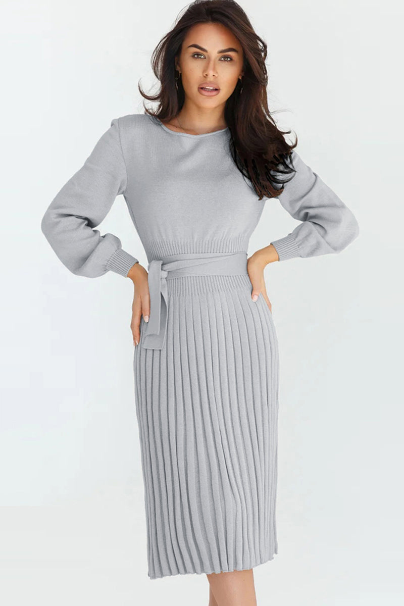 Lene Pleated Round Neck Sweater Dress