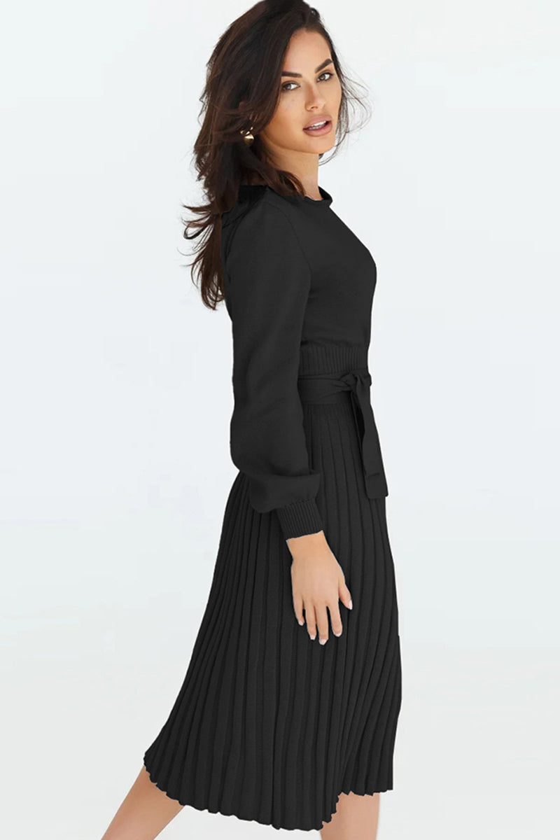 Lene Pleated Round Neck Sweater Dress