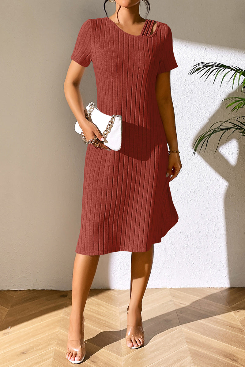 Idun Ribbed Asymmetrical Neck Short Sleeve Dress